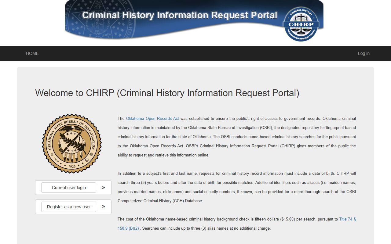 OSBI CHIRP criminal history portal Oklahoma police blotter